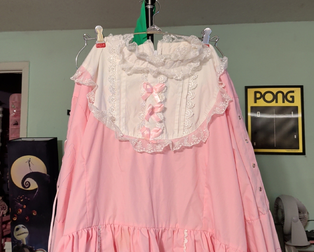 Women’s Pink Lace-Trim Midi Dress with Bib Detail